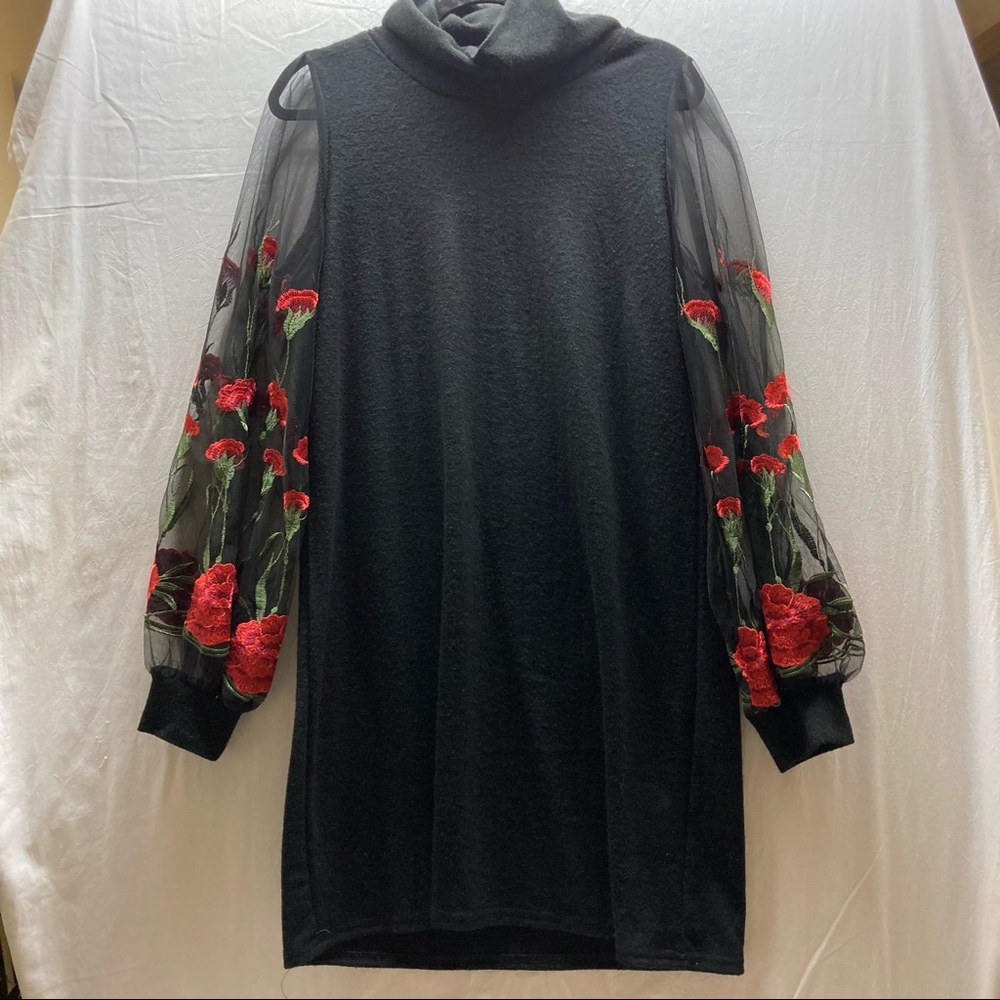 Jj’s Fairyland women’s sz.L,blk. sweater dress/sheer blk sleeves w/embroidery